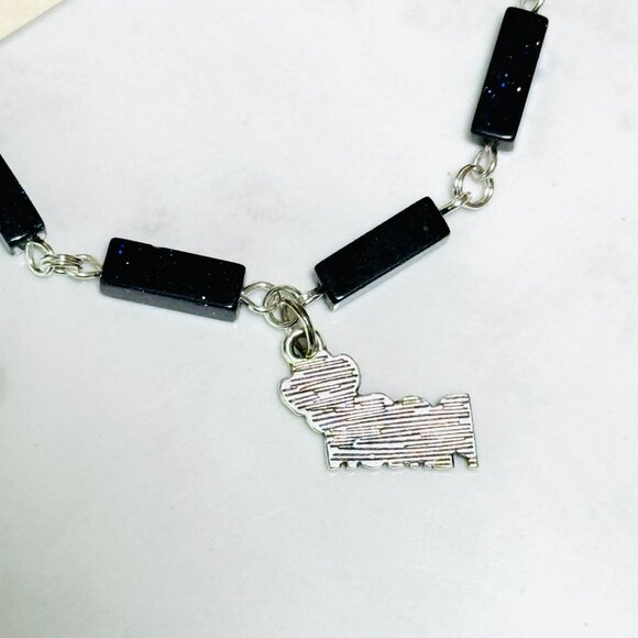 Dark Blue Goldstone Short Necklace w/ Silver Dog Person Paw Print Charm - Picture 6 of 14